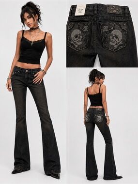 Size 28 - Miss Me Women's Black Embellished Skull Bootcut Jeans